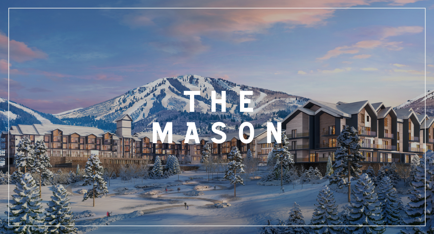 The Mason hero image with the brand logo over top the building rendering. 